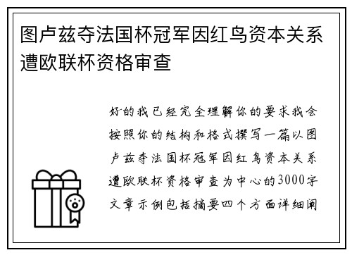 图卢兹夺法国杯冠军因红鸟资本关系遭欧联杯资格审查